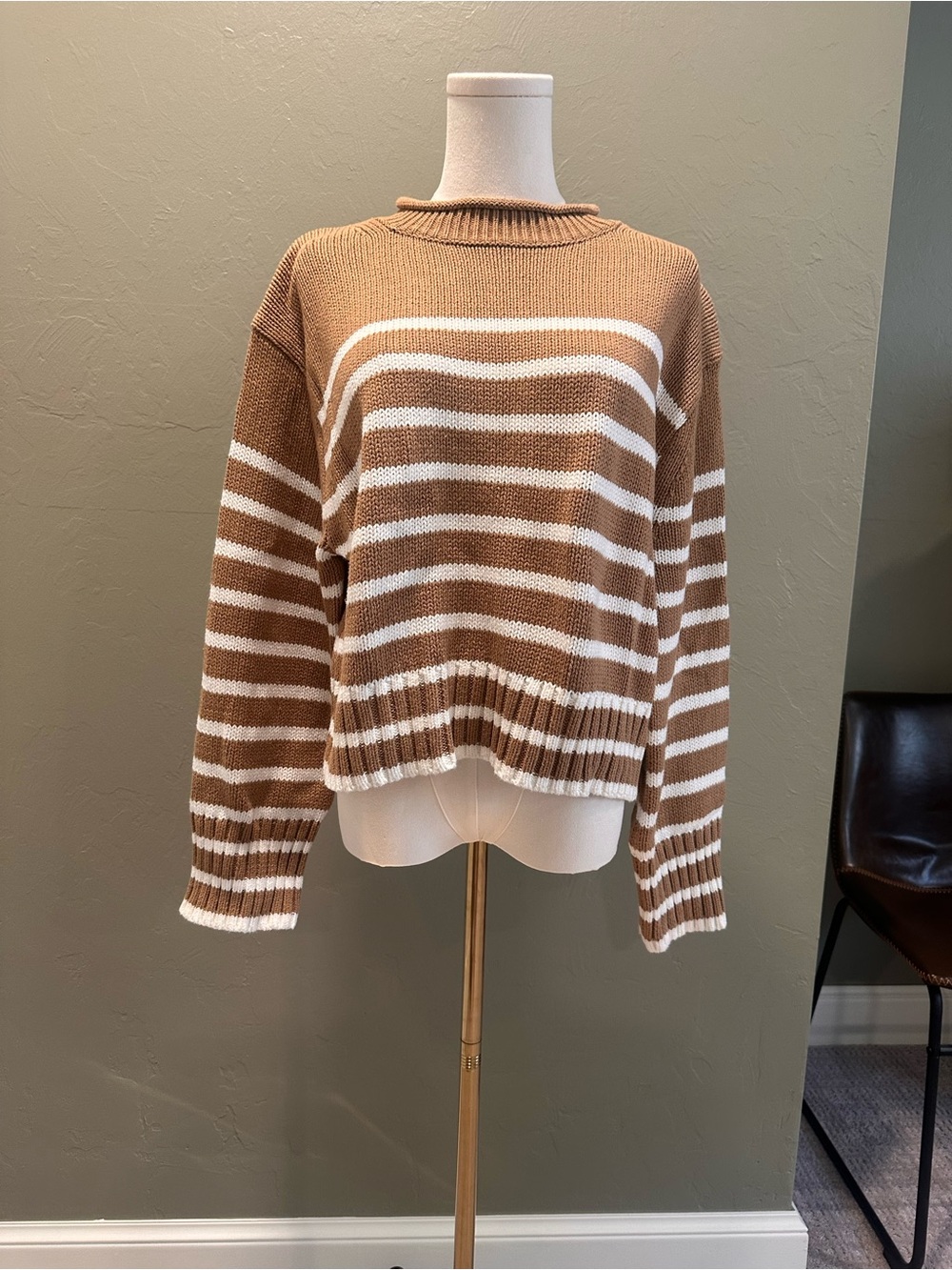 J. Crew Striped Crewneck Sweater in Camel and White